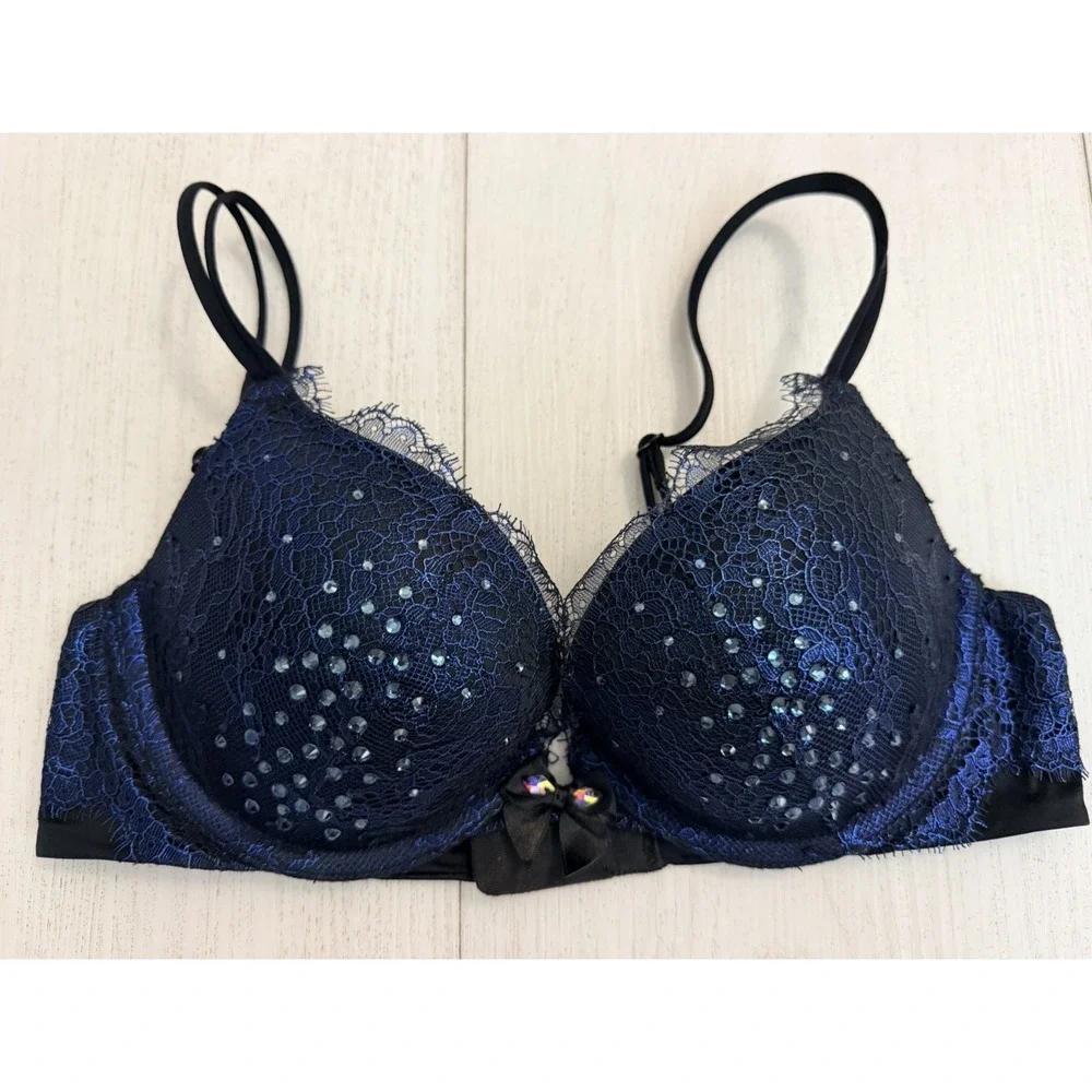 Victoria's Secret Very Sexy Push-up Bra Sz 34B Blue Metallic Lace Rhinestone Gel